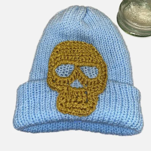 Plasma Beamz Hand Knitted Gold Skull Beanie - Picture 2 of 8